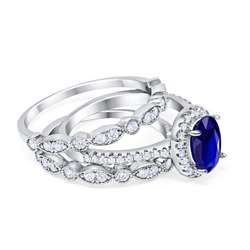 Three Piece Halo Engagement Ring Oval Simulated Blue Sapphire CZ 925 Sterling Silver